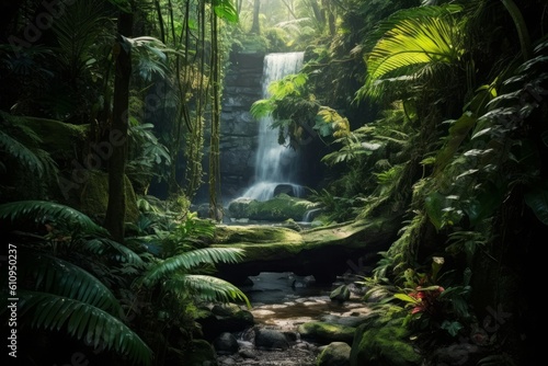 Waterfall in jungle. Generative AI © Kishore Newton