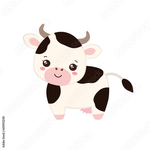 Cute cow kawaii style. Funny cow cartoon character kawaii animal flat design. Little white cow with black spots. Milk theme. Children vector illustration.