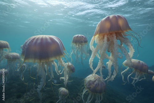 A detailed illustration of a group of sea creatures, such as octopuses or jellyfish, in their natural habitat, Generative AI