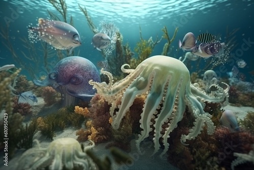 A detailed illustration of a group of sea creatures  such as octopuses or jellyfish  in their natural habitat  Generative AI