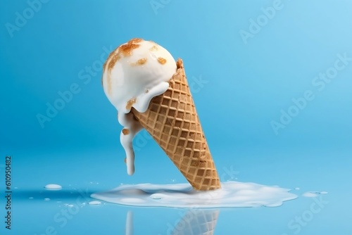 Melting Ice Cream Cone Against a Soft Blue Background. Generative AI