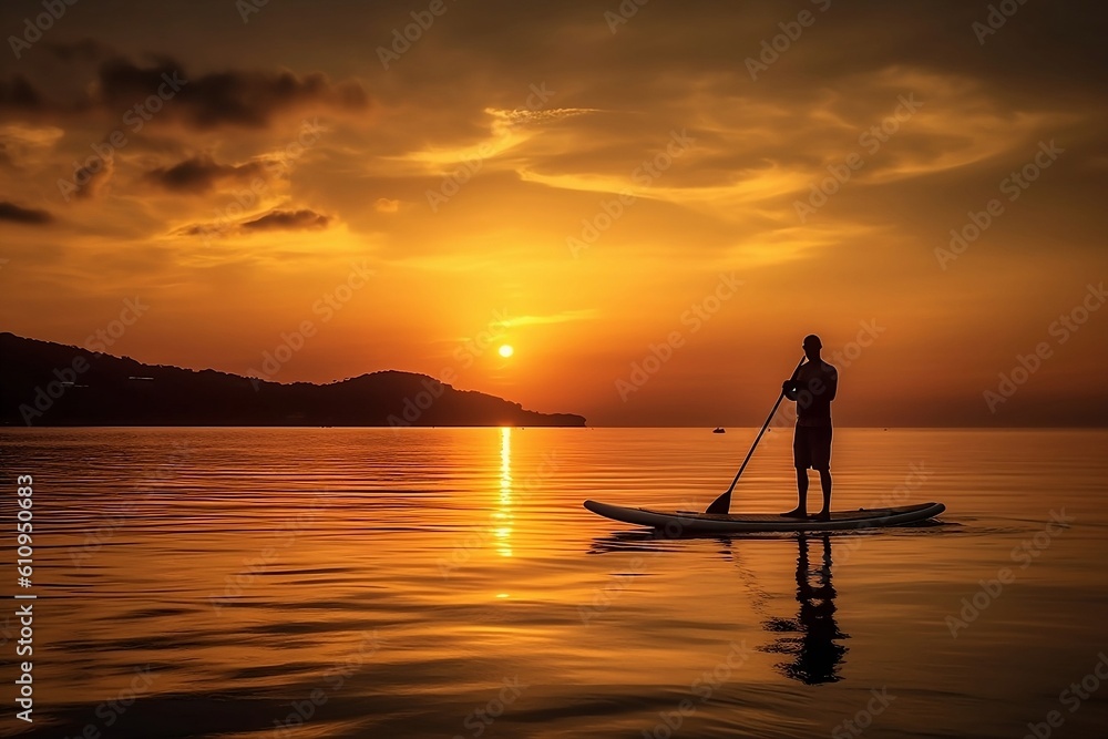 A man or boy stands up paddle SUP board on a flat quiet river during sunrise or sunset. Stand up paddle boarding - active recreation in nature, relaxing on the ocean. Generative AI Technology