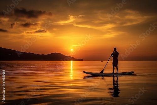 A man or boy stands up paddle SUP board on a flat quiet river during sunrise or sunset. Stand up paddle boarding - active recreation in nature, relaxing on the ocean. Generative AI Technology