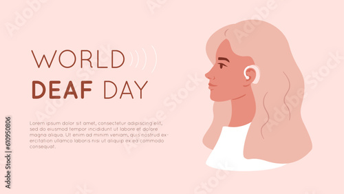 Young woman with hearing aid. World deaf day banner concept. Beautiful female has hearing problems. Profile portrait. Vector illustration. Person with medical device in ear.