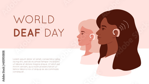 Young women profile portraits with hearing aid. World deaf day banner concept. Beautiful females has hearing problems and using medical gadget in ear. Vector illustration.