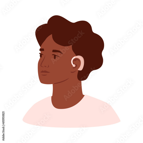 Deaf male portrait. Young black man with hearing aid. Person has hearing problems and using medical device in ear. Vector isolated illustration.