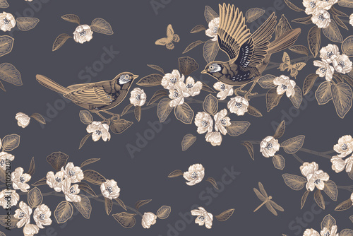 Dark background. Birds, butterflies, dragonfly on Blossoming tree. Vector seamless pattern. Vintage.