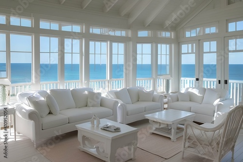 Stunning white furniture in the living room in a beach house with a beautiful location by the ocean - generative ai © unalcreative