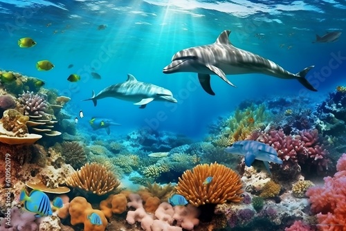 Enchanting Undersea Environment Dolphins and a Coral Reef. Generative AI © Haider