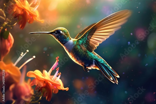 Hummingbird sucks nectar from flower in the morning. Close Up. Generative AI