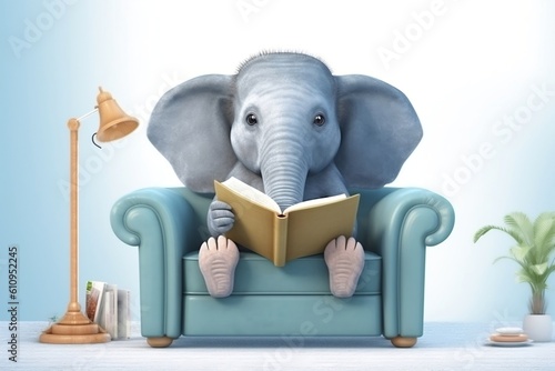 Elephant Engaged in Learning  Reading Book on Sofa. Generative AI