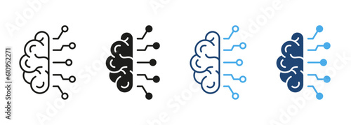 AI Innovation Concept Line and Silhouette Color Icon Set. Human Brain, Network Chip Technology Pictogram. Artificial Intelligence Symbol Collection on White Background. Isolated Vector Illustration