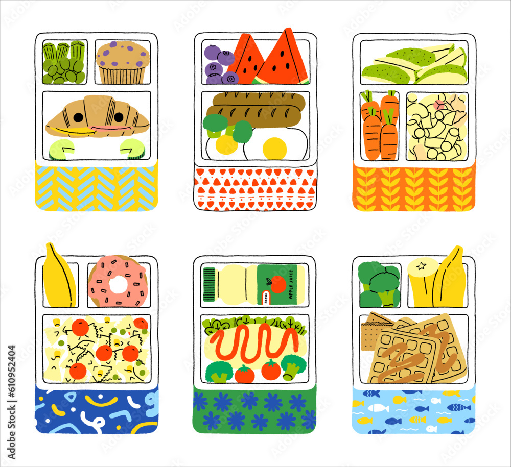 Set of cute hand drawn cartoon lunch boxes vector illustration. Lunch