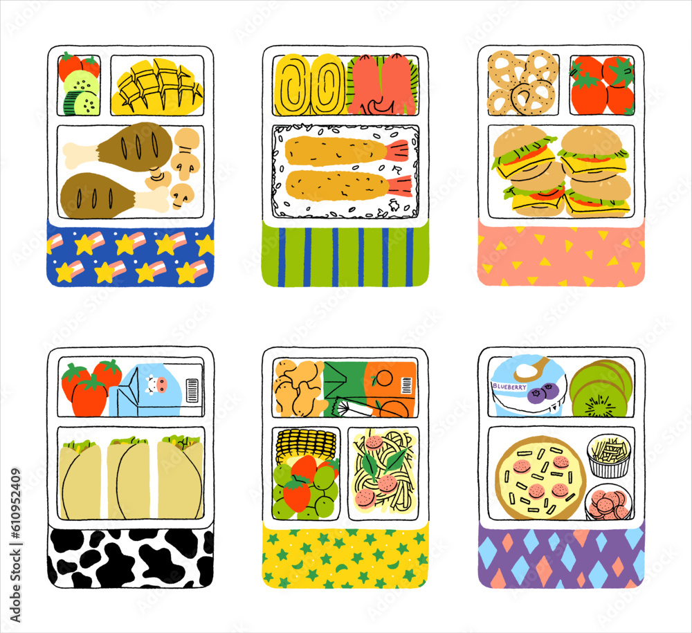 Set of cute hand drawn cartoon lunch boxes vector illustration. Lunch