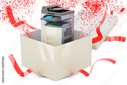 Photography Office multifunction printer MFP inside gift box, 3D rendering