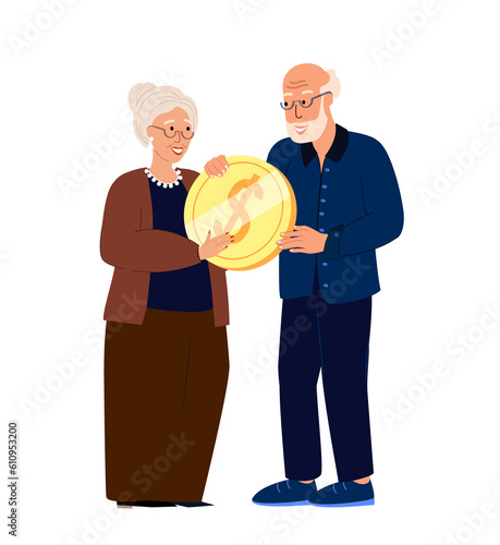 Senior Happy Retired Couple Holding Huge Gold Coin.Financial Wealth Concept,Pension Deductions,Savings,Wealthy Stability in Retirement.People Flat Vector Illustration isolated on white background
