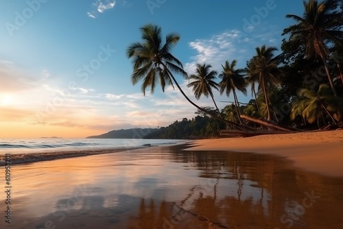 A Beautiful Beach with Palm Trees in the Morning. Generative AI © Haider