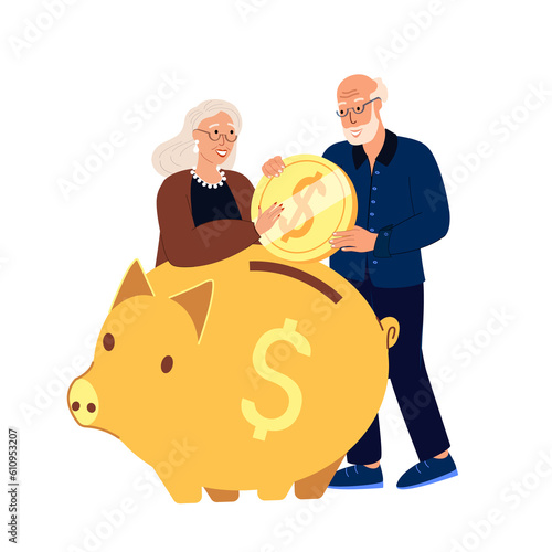 Pension Fund Savings,Happy Couple Elderly Man, Woman Characters Put Coin to Piggy Bank Rejoice to Get Superannuation.Senior Grandparents Retirement,Money Fund Safety.Cartoon People Vector Illustration