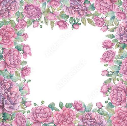 Square watercolor frame with blooming pink rose branches, buds and leaves. Botanical border for cards, flyers, invitations, design and more.