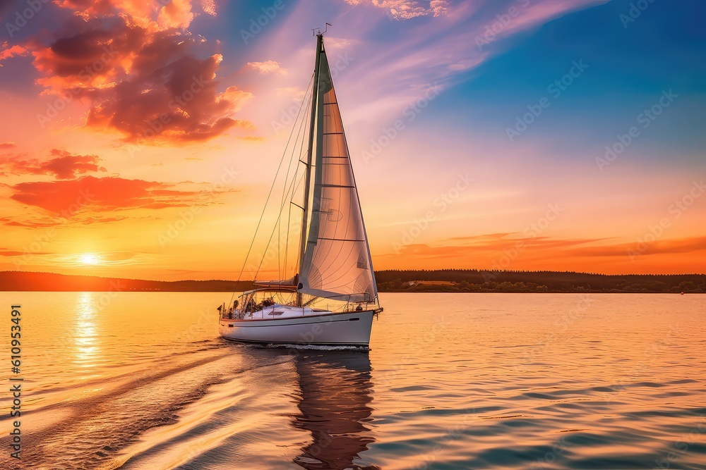 Sailing into the sunset photo realistic illustration - Generative AI.