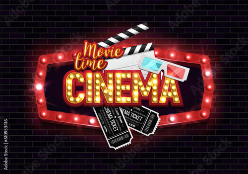 Movie time. Cinema banner or poster with retro billboard, tickets and clapperboard. Vector illustration.