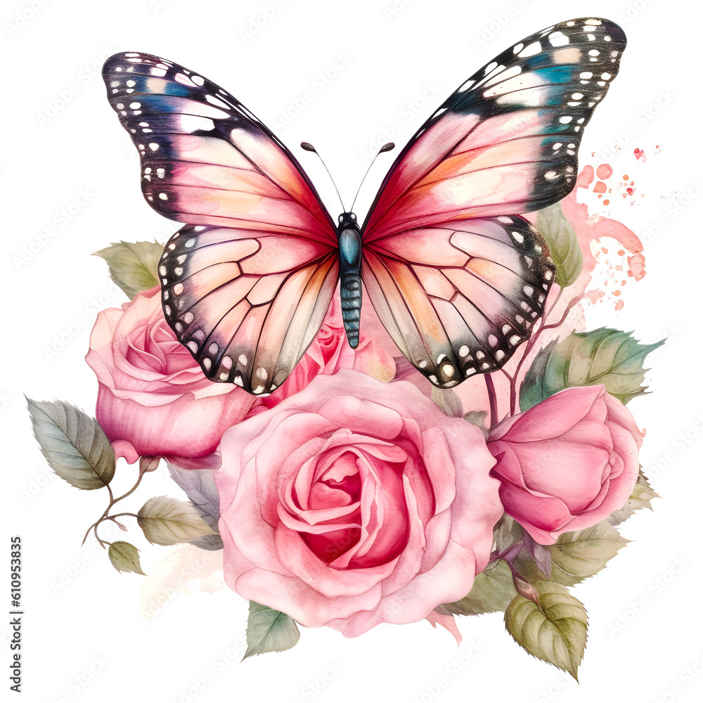 Butterfly and rose watercolor clipart, isolated, transparent background ...