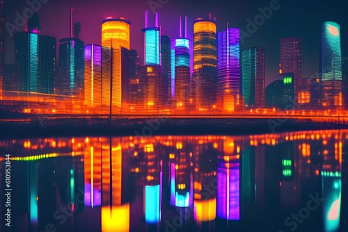 The vivid lights and reflections of the city skyline at night are breathtaking There is dynamic  electrical energy to the urban lan - generative ai
