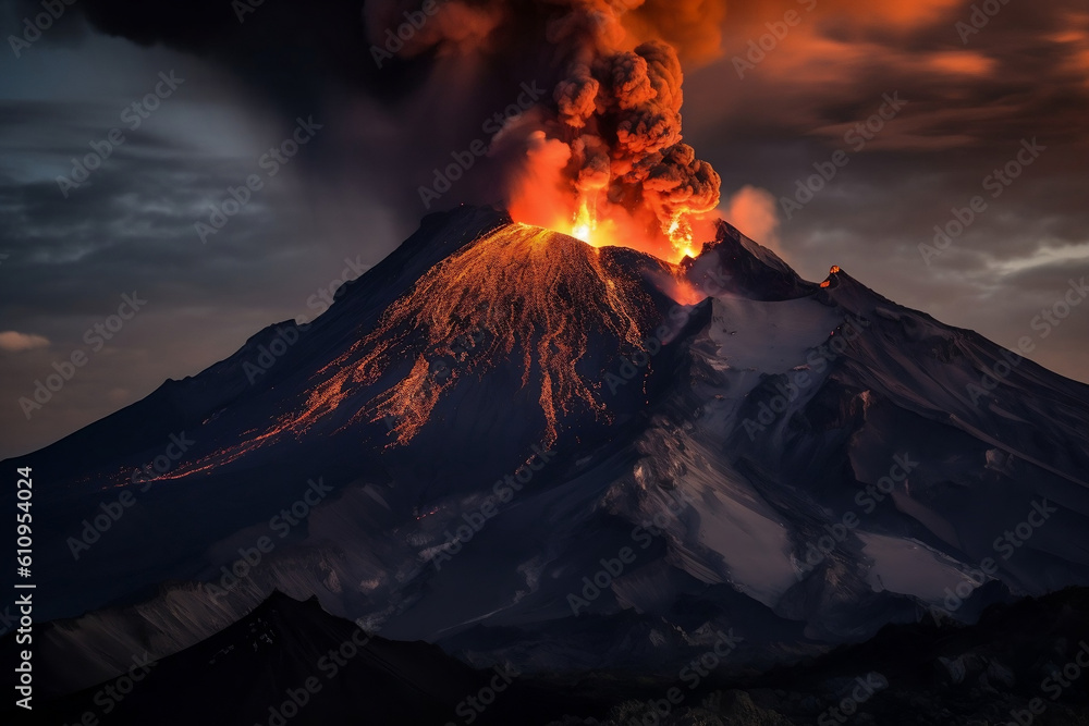 Massive Volcano Eruption. A large volcano erupts hot lava and gases into the atmosphere at night time. Lava dangerous nature explosion. Generative AI Technology