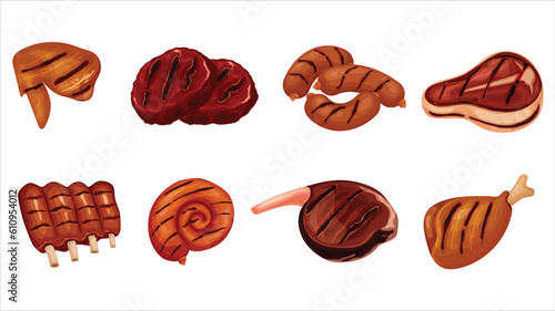 Set of different types of prepared grilled meats.