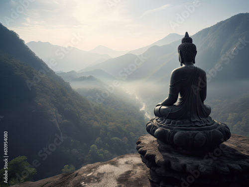Buddha sitting on a cliff facing mountains and waterfalls