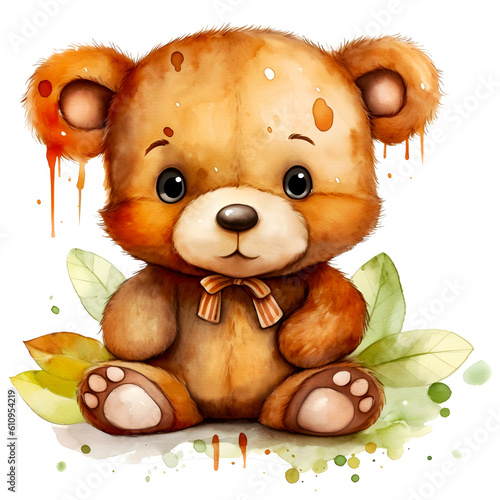 Cute bear watercolor clipart, isolated, transparent background, created with Generative AI technology
