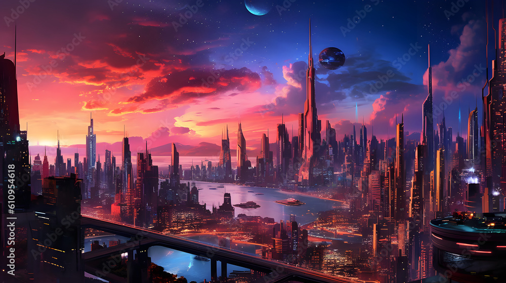 Obraz premium the vibrant world of a futuristic cityscape, with sleek skyscrapers piercing the sky, illuminated by neon lights and holographic projections, bustling with advanced technology and a sense of innovatio