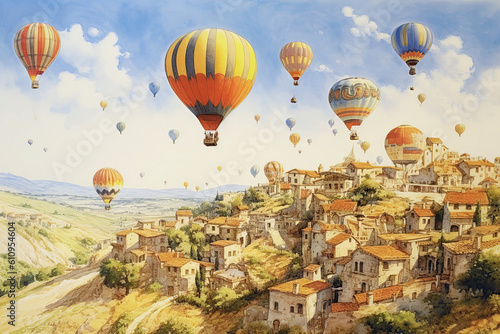 Big airballoons flying over a rural town. Watercolor Generative AI illustration.