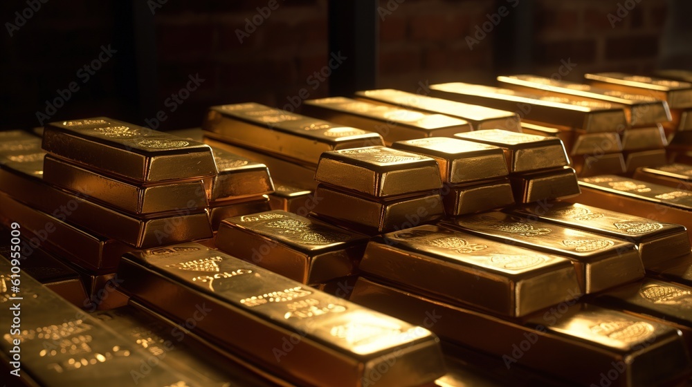 Stacks of pure gold bar on dark background. Represent business and finance concept idea. Generative AI Stacks of pure gold bar on dark background. Represent business and finance concept idea. Generative AI
