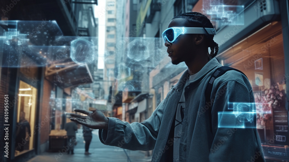 An augmented reality (AR) experience, with a person wearing AR glasses and seeing digital information overlaid onto the real world Generative AI