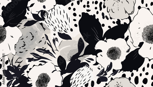 Bright hand drawn flowers and leopard skin print. Modern abstract pattern. Fashionable template for design.