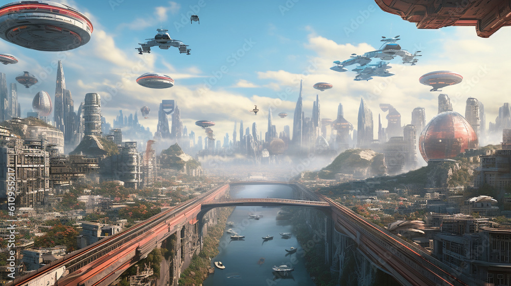 A futuristic city skyline with drones, autonomous vehicles, and ...