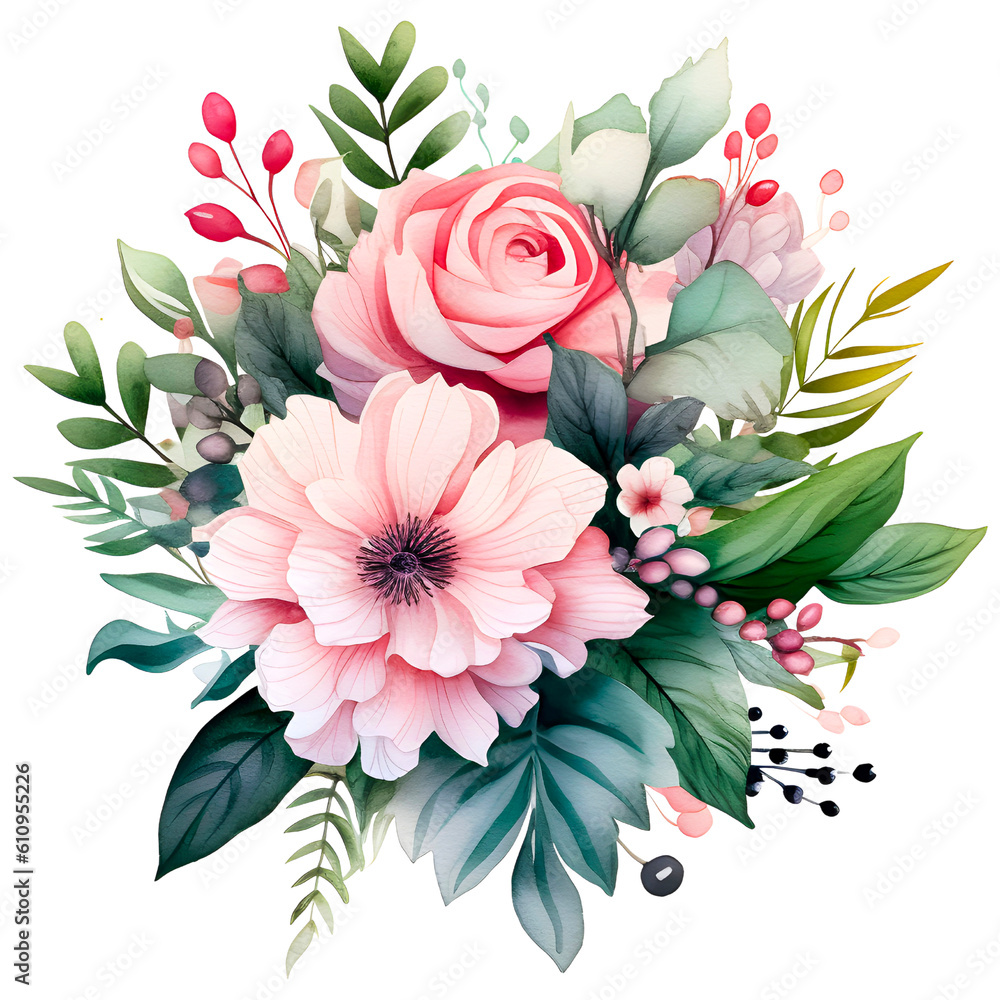 Pink flower bouquet watercolor clipart, isolated, transparent