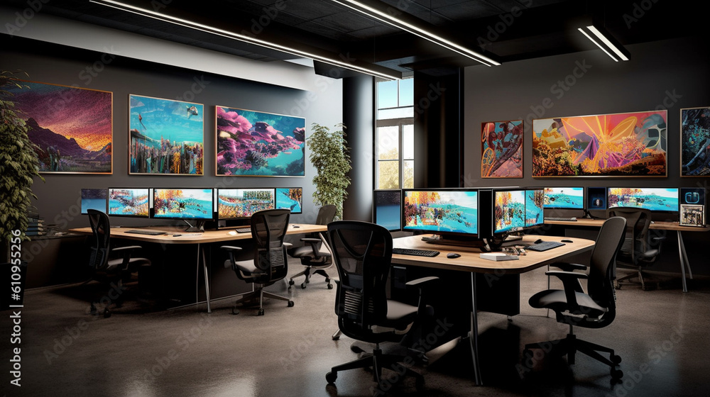 A modern design studio for IT specialists, featuring sleek workstations, large dual monitors, and vibrant color palettes inspiring creativity Generative AI