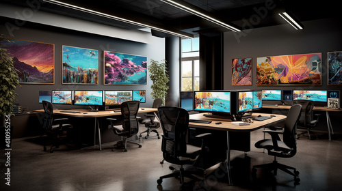 A modern design studio for IT specialists, featuring sleek workstations, large dual monitors, and vibrant color palettes inspiring creativity Generative AI