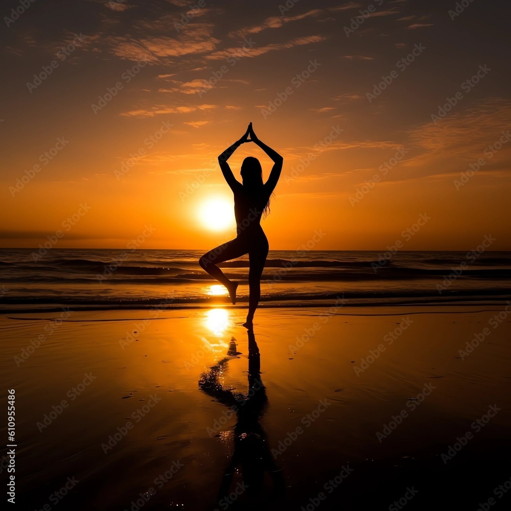 a women doing yoga on the beach