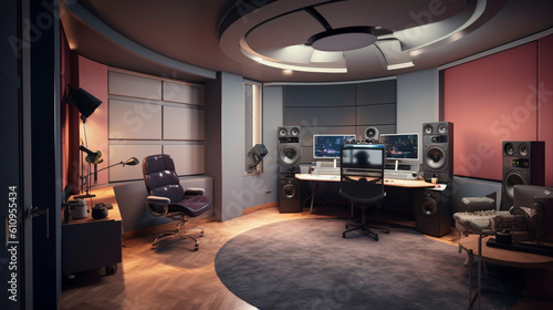 A design studio with a soundproof recording booth, enabling IT specialists to create multimedia content and voiceovers for interactive designs Generative AI