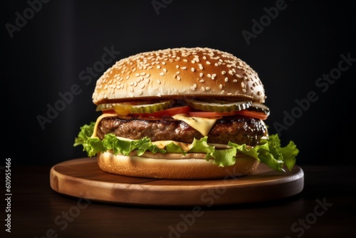 Close-up view photography of a tempting burguer on a rustic plate against a white background. With generative AI technology