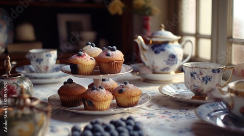 Wallpaper Mural Tea party with blueberry muffins with powdered sugar and fresh berries. Generative AI Torontodigital.ca