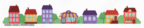 Cityscape. Urban landscape. Cute colorful design for kids. Town houses, shop, coffee shop, trees, green area. Flat style. Vector illustration