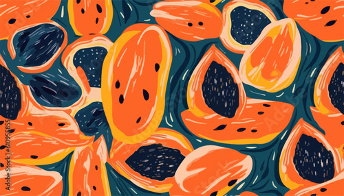 Bright abstract papaya print. Modern hand drawn seamless pattern. Fashionable template for design