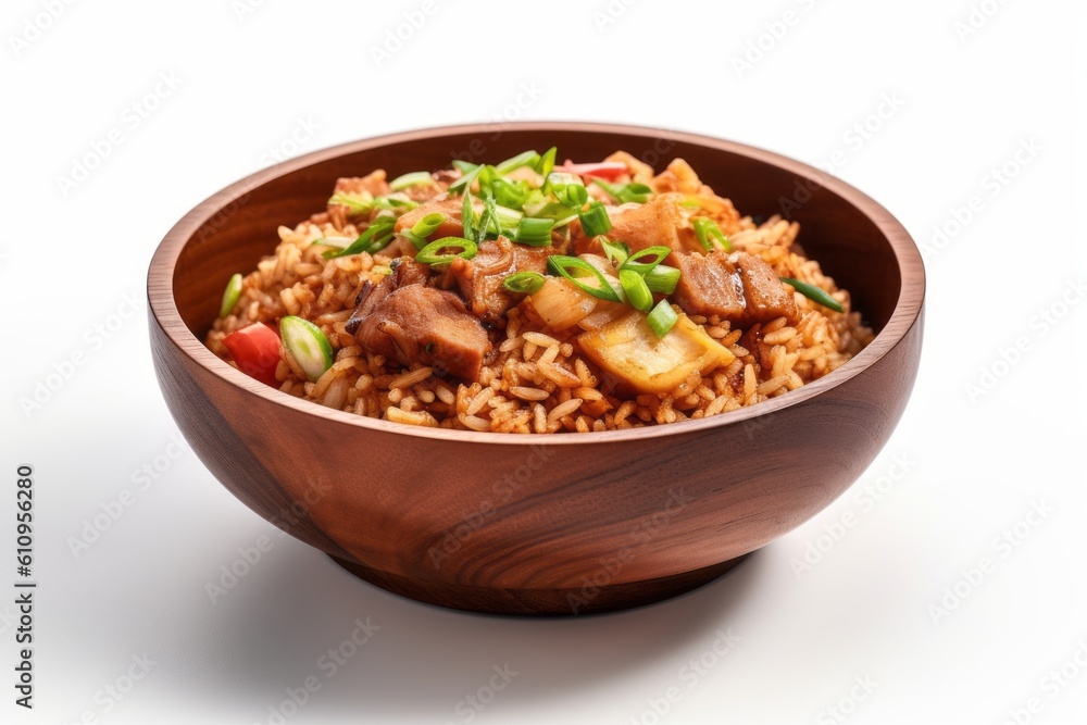 Highly detailed close-up photography of a tempting fried rice in a clay dish against a white background. With generative AI technology Highly detailed close-up photography of a tempting fried rice in a clay dish against a white background. With generative AI technology