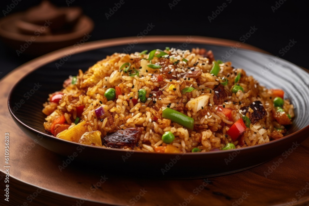Detailed close-up photography of a refined  fried rice on a rustic plate against a white background. With generative AI technology