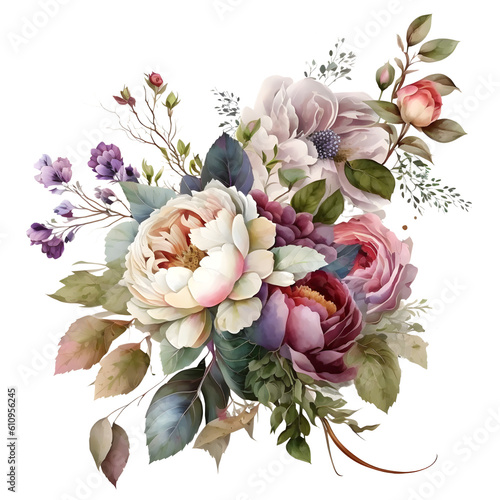 Fototapeta Naklejka Na Ścianę i Meble -  Purple and pink flower bouquet watercolor clipart, isolated, transparent background, created with Generative AI technology