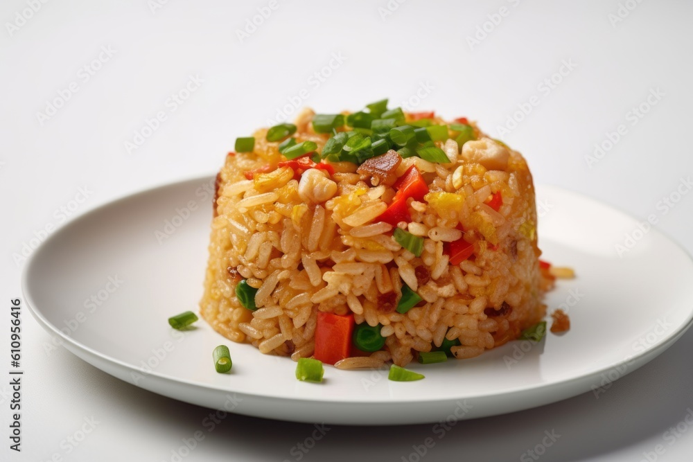 Detailed close-up photography of a delicious fried rice on a ceramic tile against a white background. With generative AI technology Detailed close-up photography of a delicious fried rice on a ceramic tile against a white background. With generative AI technology
